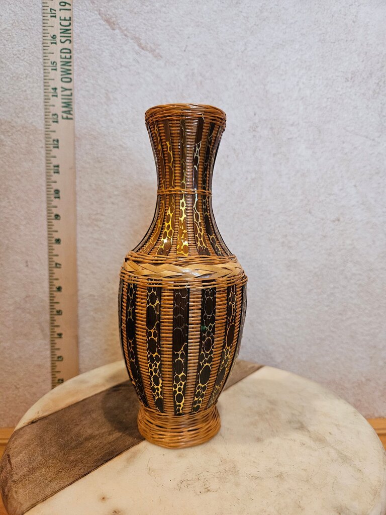 amboo Rattan Vase Wood Base 8"H Gold Brown Animal Print Strips, Woven Wicker Floral Container