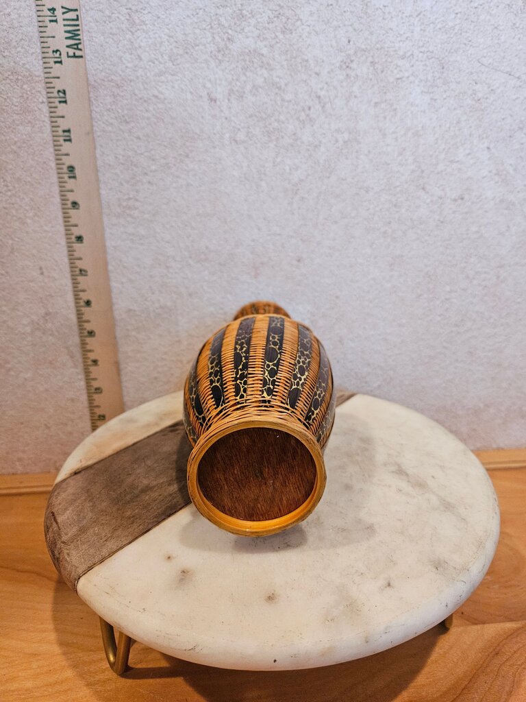 amboo Rattan Vase Wood Base 8"H Gold Brown Animal Print Strips, Woven Wicker Floral Container