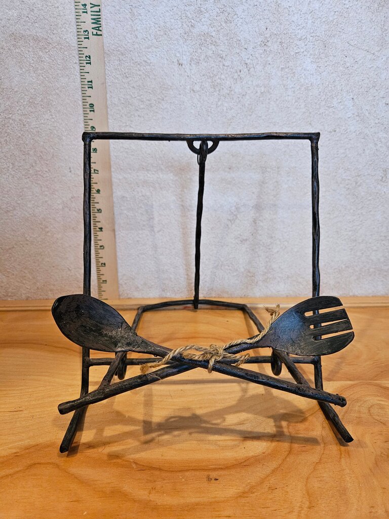 Vintage WROUGHT IRON Fork & Spoon Detail Cook Book Stand Brown w/ Rust Patina