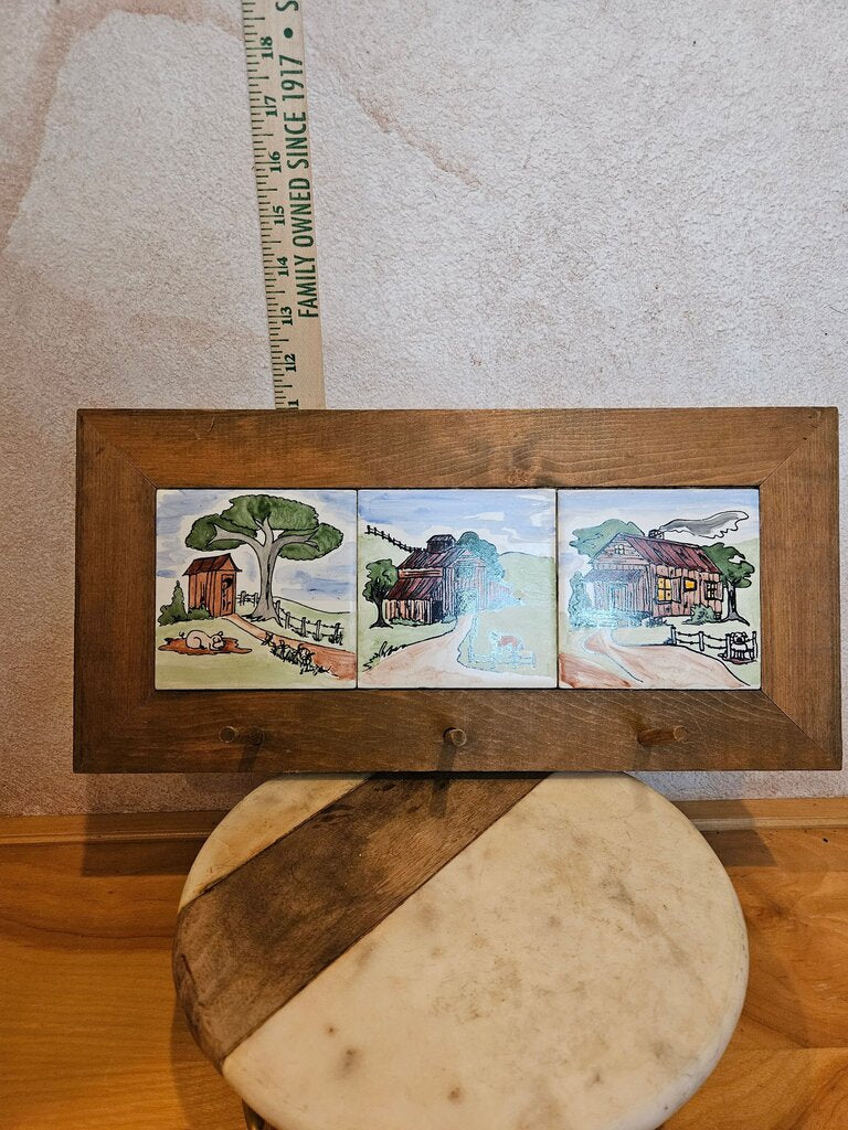 Vintage Painted Farmhouse farm Rustic Tile Wall Art with Hooks in heavy wood frame