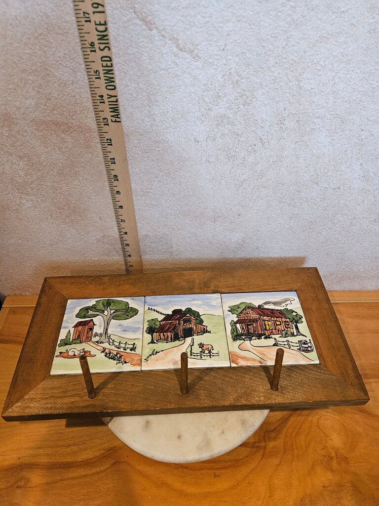 Vintage Painted Farmhouse farm Rustic Tile Wall Art with Hooks in heavy wood frame