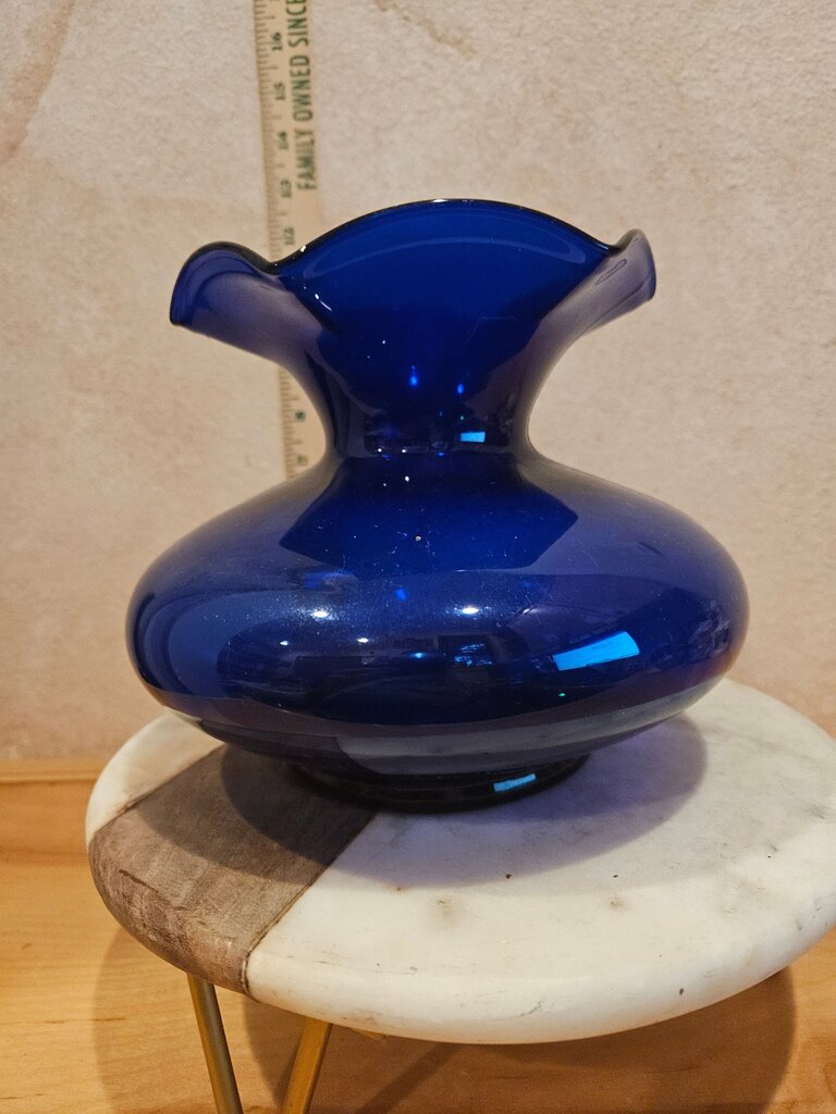 Vintage Cobalt Blue Short Ruffled Fluted Wide Rimed Top Glass Vase