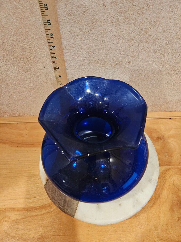 Vintage Cobalt Blue Short Ruffled Fluted Wide Rimed Top Glass Vase