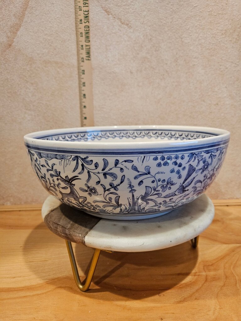 Decorative Portigul As is-Chipped inside hand painted signed animal, bird, floral Blue & White Ceramic Serving Bowl