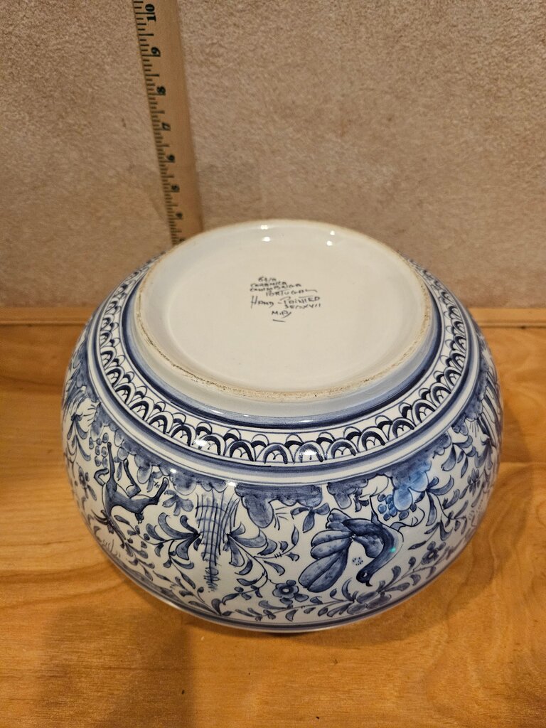 Decorative Portigul As is-Chipped inside hand painted signed animal, bird, floral Blue & White Ceramic Serving Bowl
