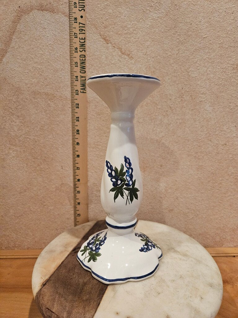 Vintage Italian Blue & white porcelain candlestick, made in Italy hand painted and artist signed blue bonnets on pure white background.