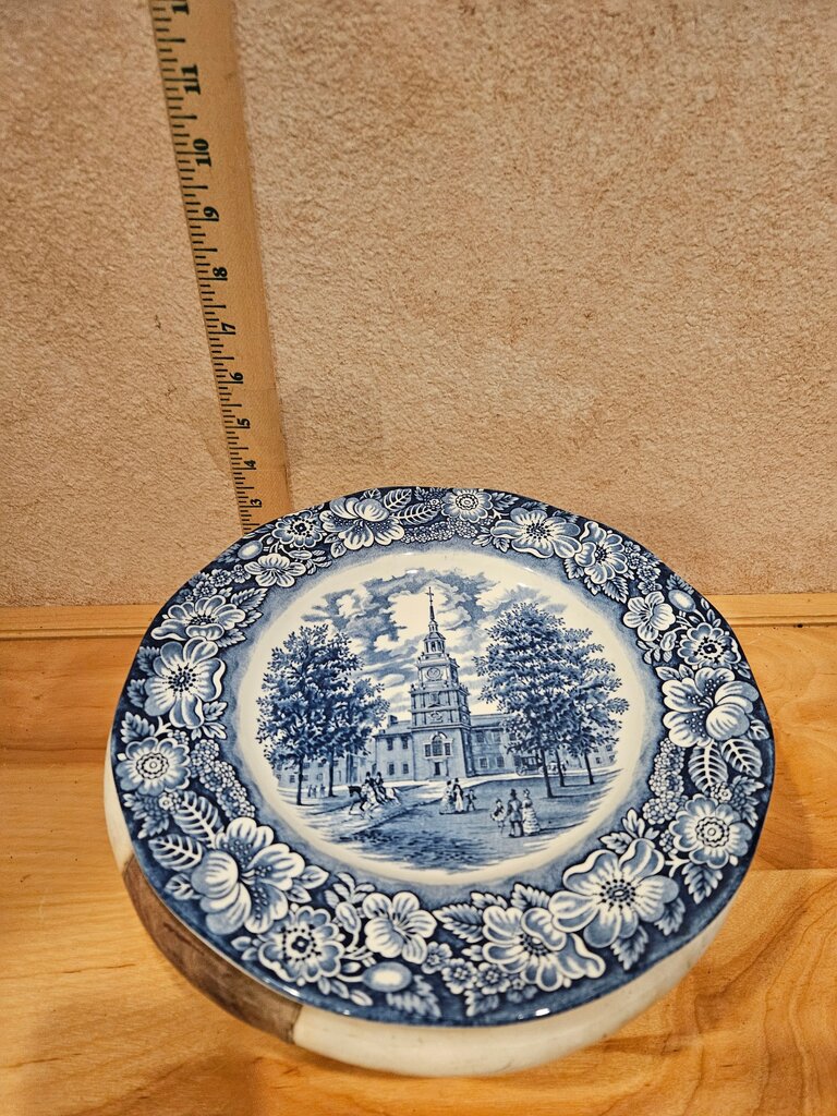 Pair of Staffordshire Independence Hall Collector Plate Flow Blue Ironstone