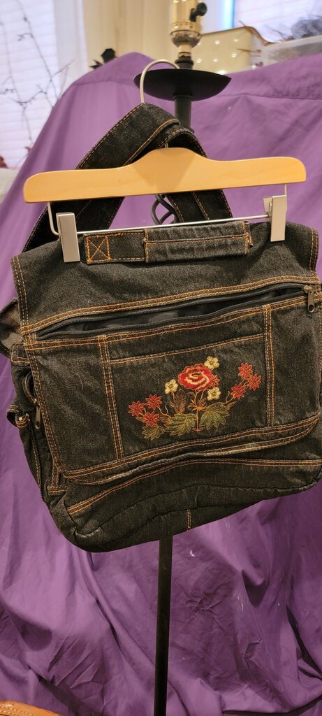 Embroidered Denim Messenger Bag