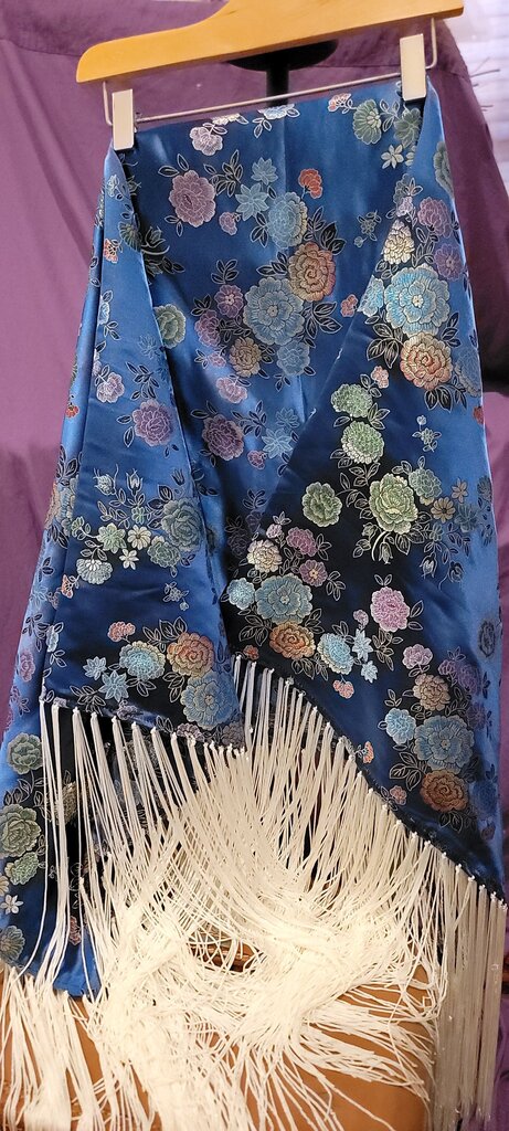 Floral Design Blue Shawl with Fringe