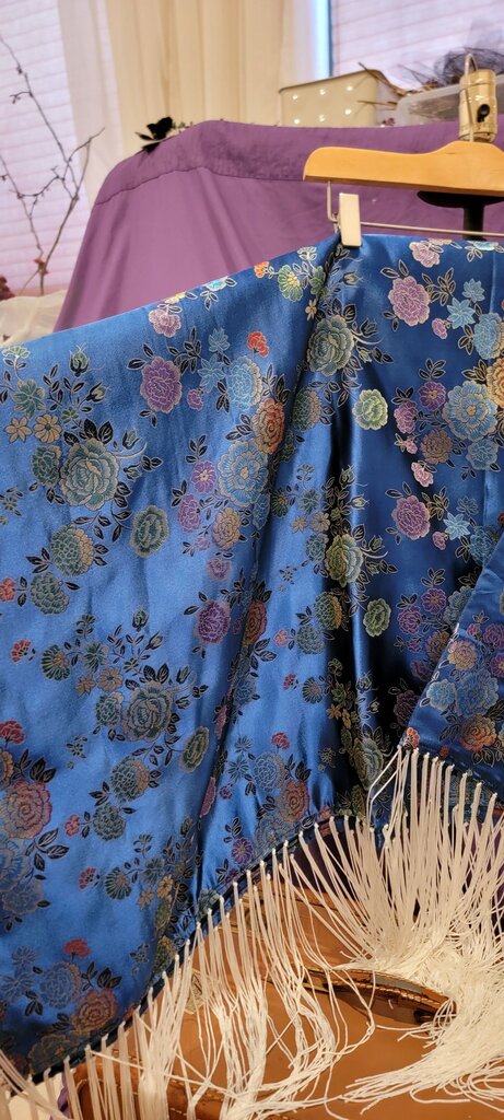 Floral Design Blue Shawl with Fringe