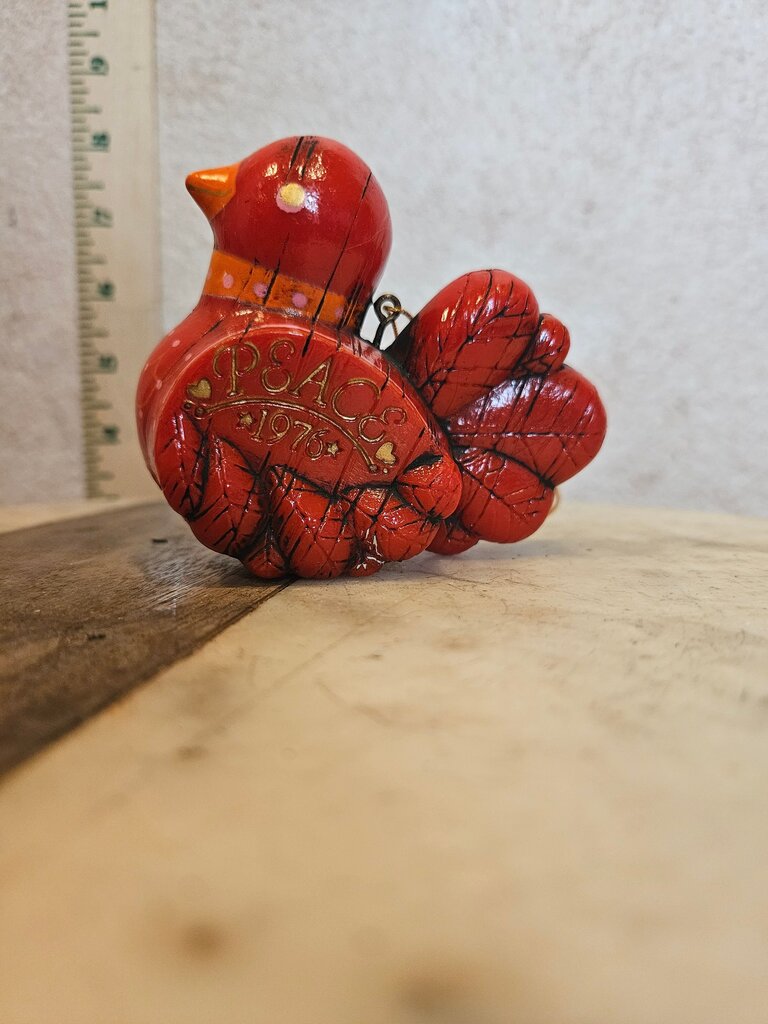Vintage 1976 Hallmark Red Bird of Peace, Holiday Ornament Carved Barn Wood Look Gold Trim Engraved Peace 1976