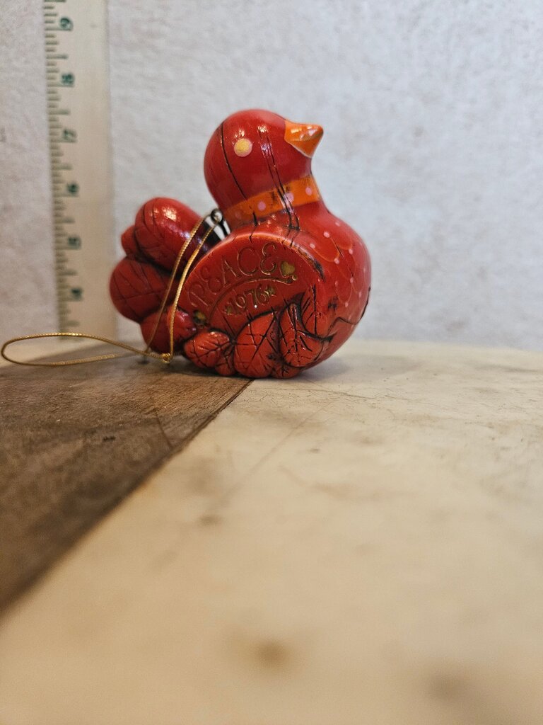 Vintage 1976 Hallmark Red Bird of Peace, Holiday Ornament Carved Barn Wood Look Gold Trim Engraved Peace 1976