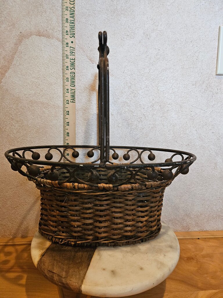 Vintage French Wicker And Metal Basket Bronze handle