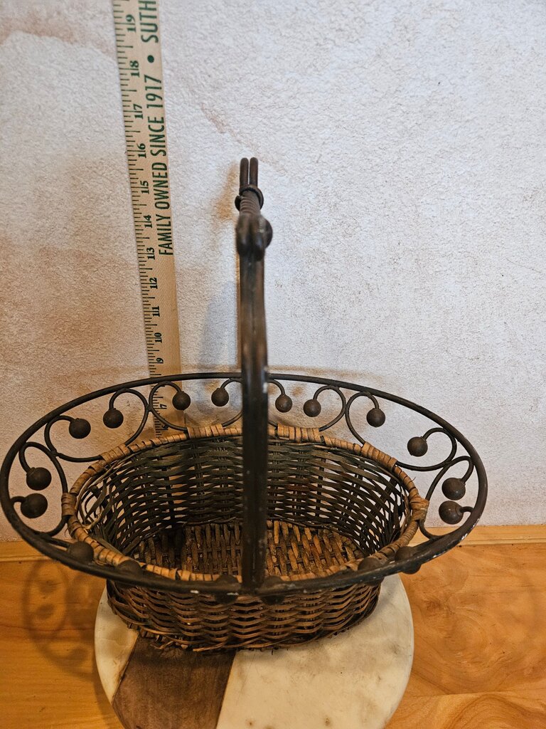 Vintage French Wicker And Metal Basket Bronze handle
