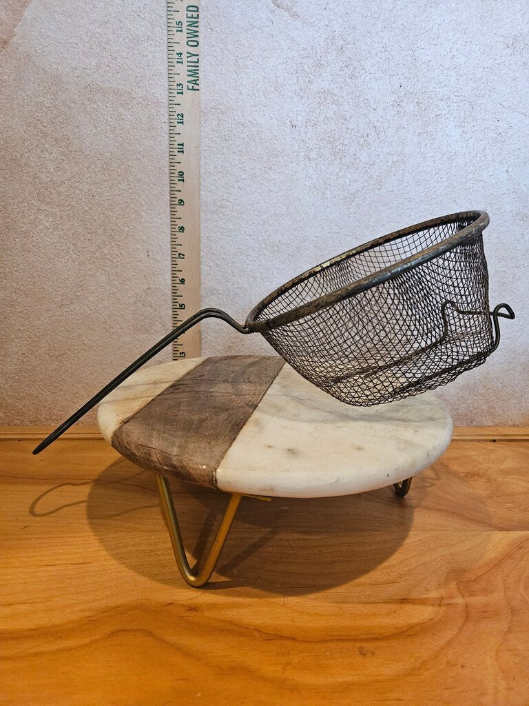 Vintage Metal Frying Strainer Screen Frying Net W Hook & Long Handle To Hang Over Pot Of Oil, Hand Held Colander Strainer Sieve