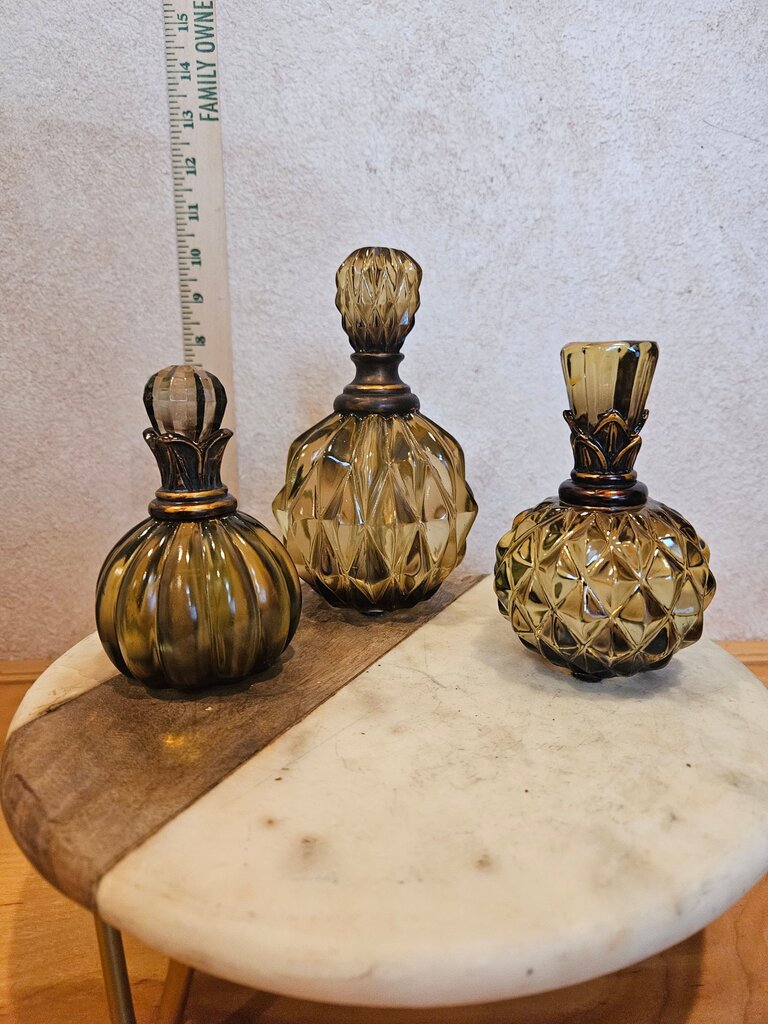 Set 3 Faux Decorative Perfume Bottles Glass Resin Olive Green Vanity