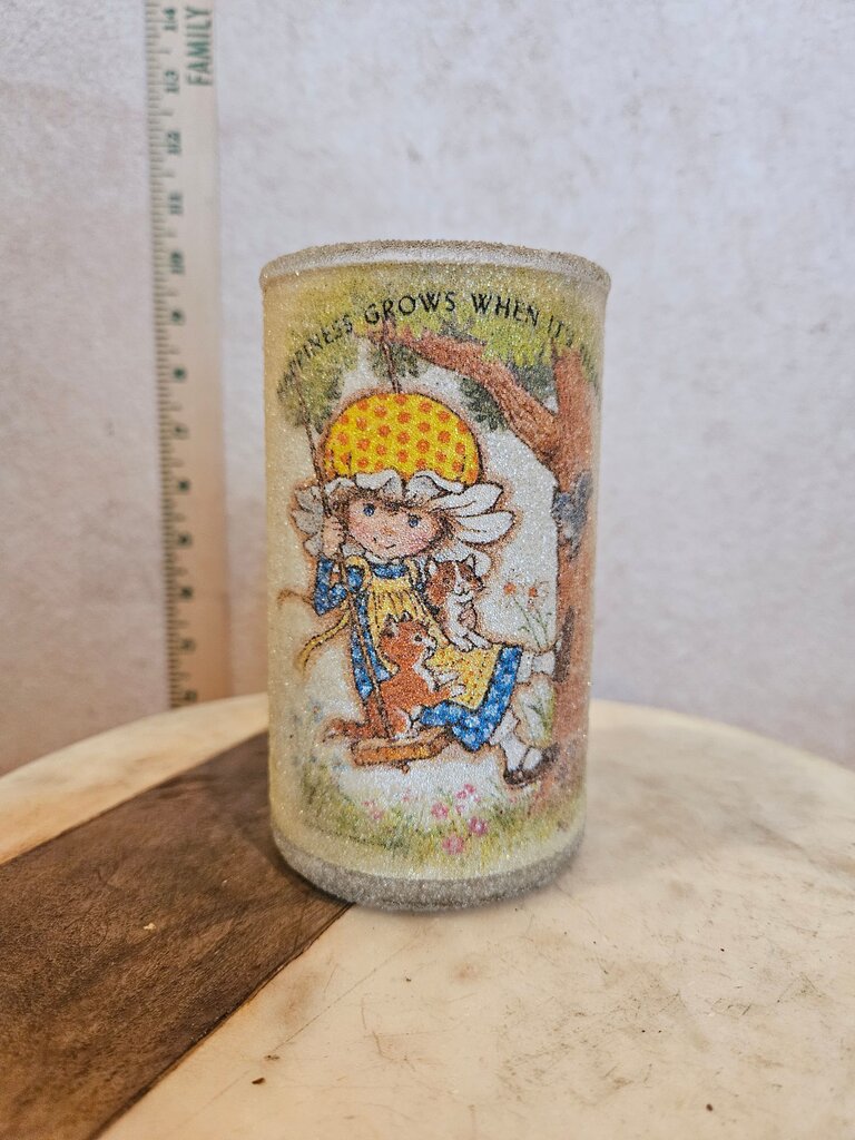 Vintage Sugar Frosted Holly Hobbie Happiness Grows Candle Pillar
