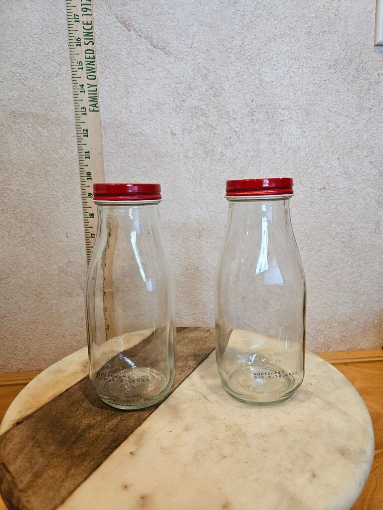 Glass Milk Bottles with Red Lids