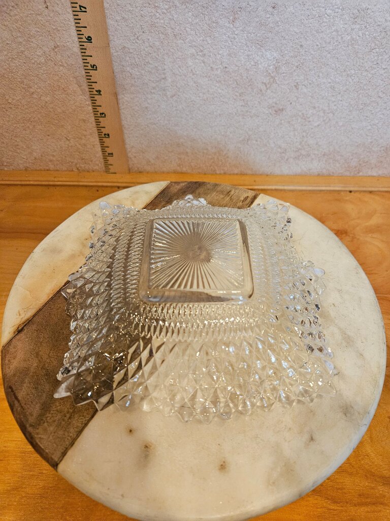 Vintage Diamond Point Cut Square fancy Candy Dish Ruffled Edge Clear Glass