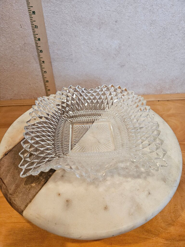 Vintage Diamond Point Cut Square fancy Candy Dish Ruffled Edge Clear Glass