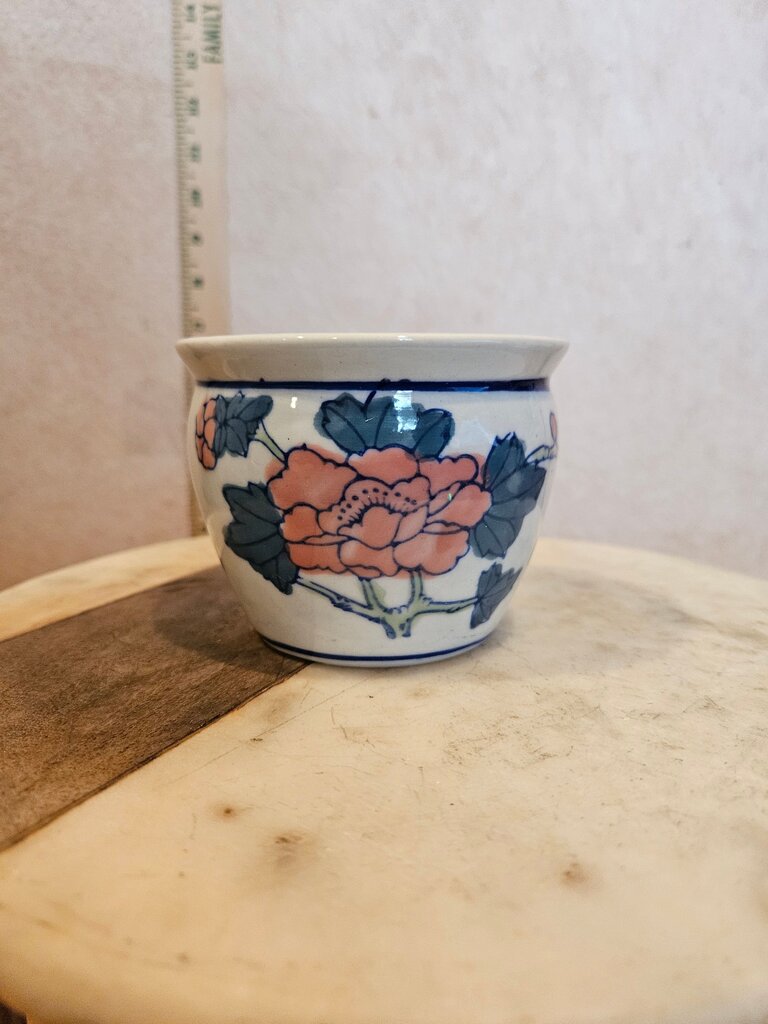 Vintage Chinoiserie style Pink & Blue Lotus Planter Pot Porcelain Vase Bonsai Bowl Floral Design Ceramic Pot