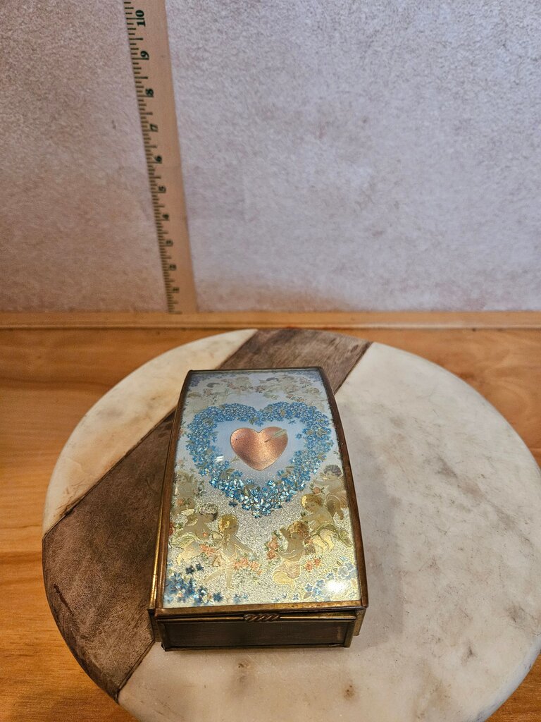Vintage Hand Crafted Via Vermont San Francisco Co Foil Cranberry Glass Jewelry/ Trinket Box w Cupids