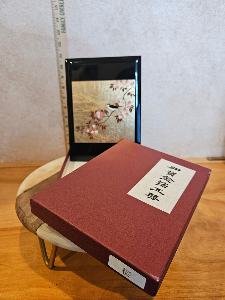 Vintage Black Lacquer Floral Double Free Standing Japanese golden birds Picture Frame Elegant w box