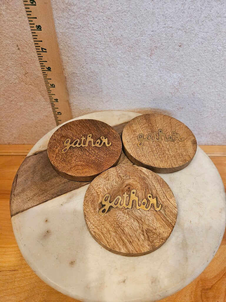 Gather in Gold & wood Coasters Set of three