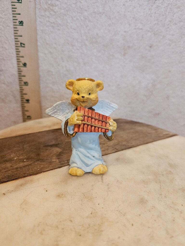 Vintage Angel Teddy Bear Figurine Playing Pan Flute