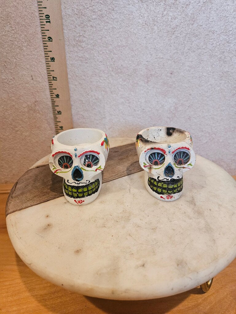 Sugar Skull Votive Candle Holders Set Of 2 Day Of The Dead Halloween 2.2" Tall