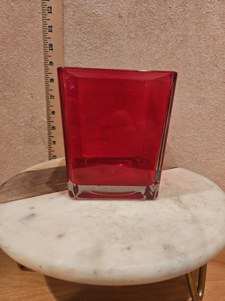 Vintage Ruby RED Square Glass Vase Made in Poland forTeleflora Cased Base Trinket Holder Cube Shape Planter Candle Holder