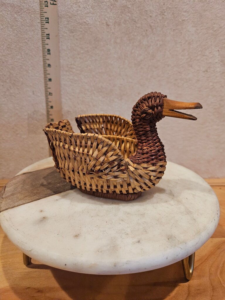 vintage Rattan Duck Basket Planter with wooden beak