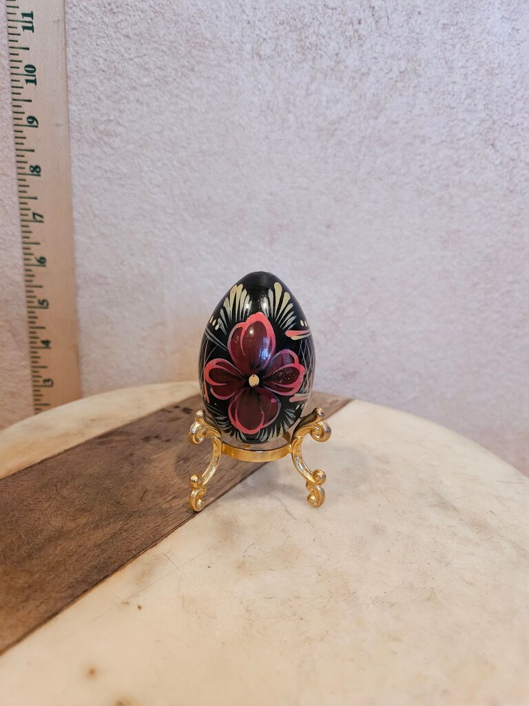 Vintage Hand Painted & Lacquered Floral Easter Egg With Stand