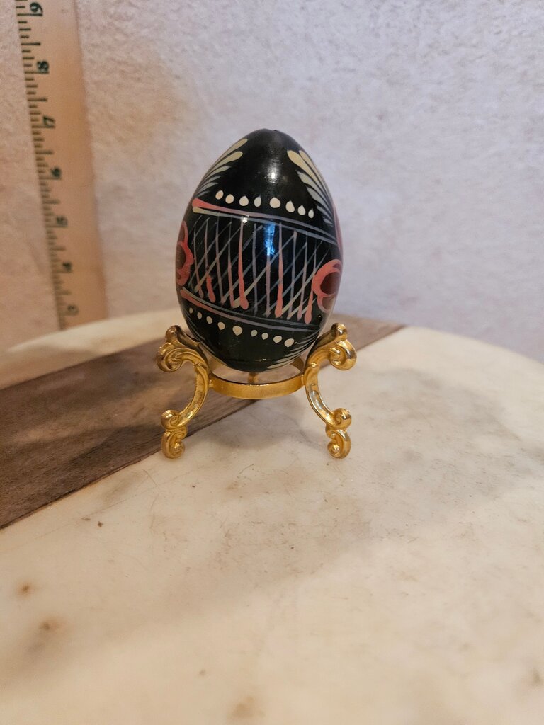 Vintage Hand Painted & Lacquered Floral Easter Egg With Stand