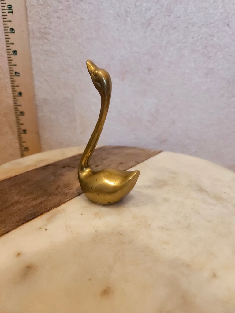 Vintage Mid Century Modern Solid Brass Swan with Long Neck, MCM 1970s Gold Tone Brass Small Crane Paper Weight