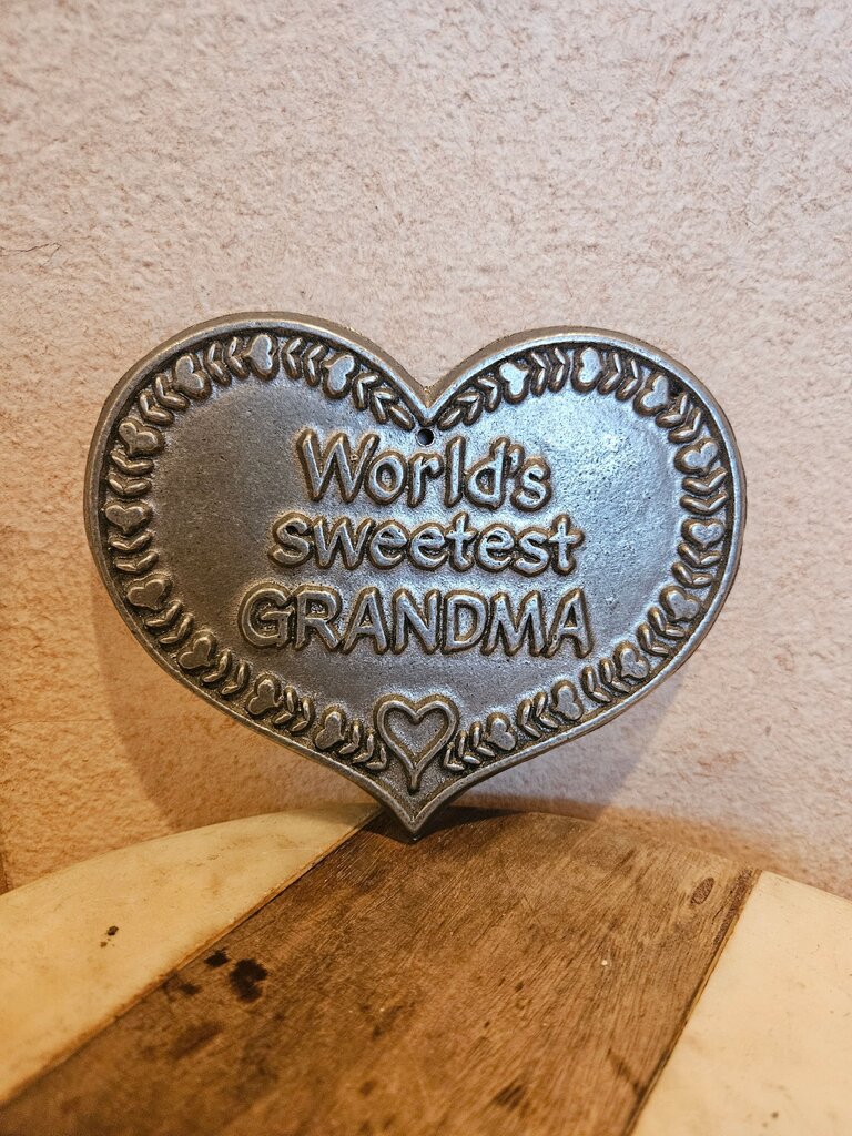 Silvertone Metal 5X5.5" Heart Sign: Worlds Sweetest Grandmother - Ornament