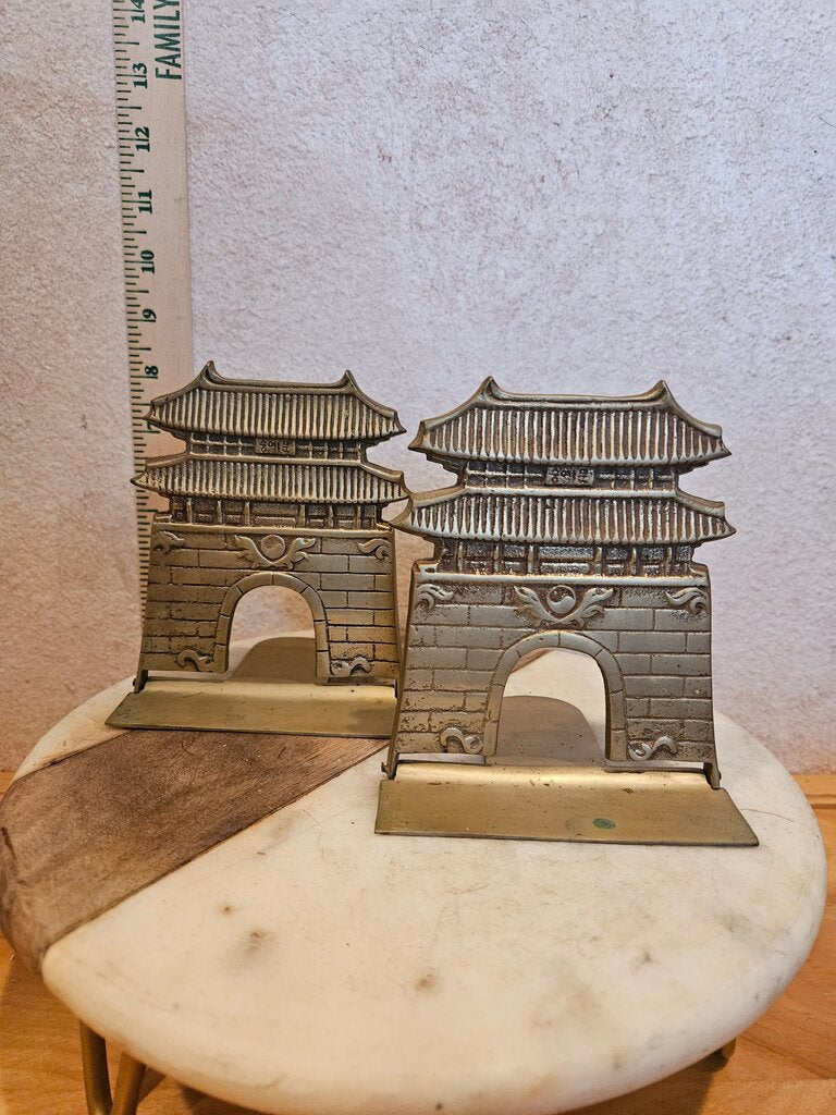 Vintage Pair of Folding Brass Asian Pagoda Gate Bookends MCM Korea