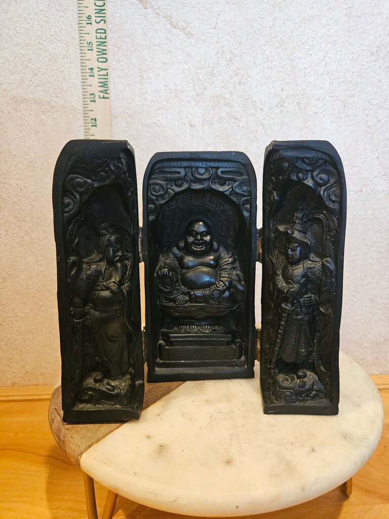 Folding Altar, Buddha Triptych, Buddhist Portable Tri Fold Panels Shrine, Quin Qianlong, Nian zhi Mark, Guanyin Kwan, Calligraphy