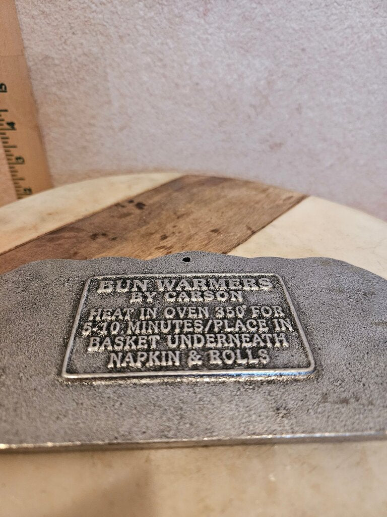 CARSON PEWTER "GIVE US THIS DAY OUR DAILY BREAD" BUN WARMER 6" X 3"Carson Bun Warmers