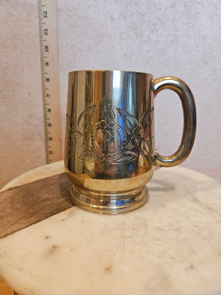Vintage etched stein Metal beer tankard Mug with Engraved floral Design