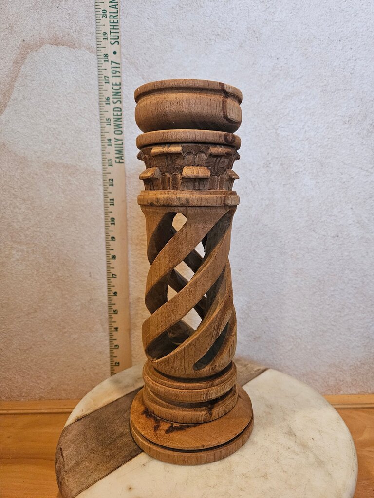 Mid-Century Modern Carved Wood Candle Holder Two-Tone MCM Barley Twist
