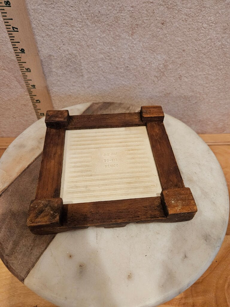 Vintage Mexican Folk Art Dal-Tile Ceramic Tile Trivet Insert in Carved Wood Footed Stand