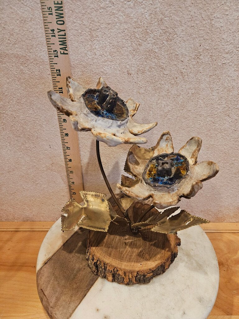 Vtg Brutalist MCM brass wood Flower Metal Brass Sunflower Sculpture Mcm Jere Era Boho Hippie Chic