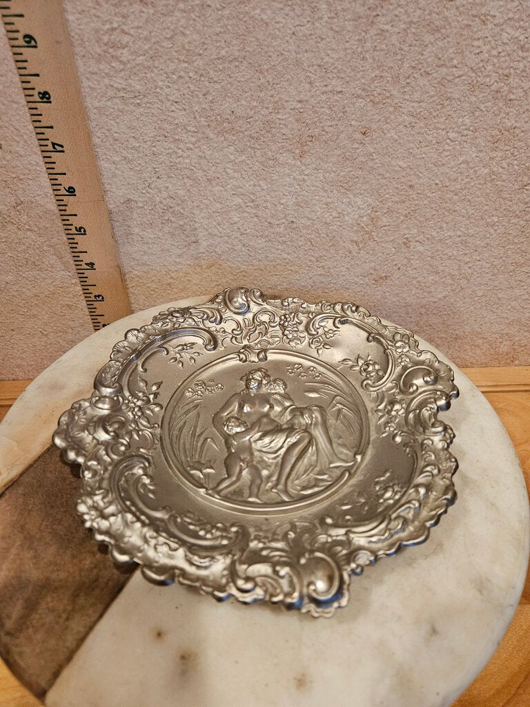Vintage Racy Bas relief stamped brass tray w silver painted finish