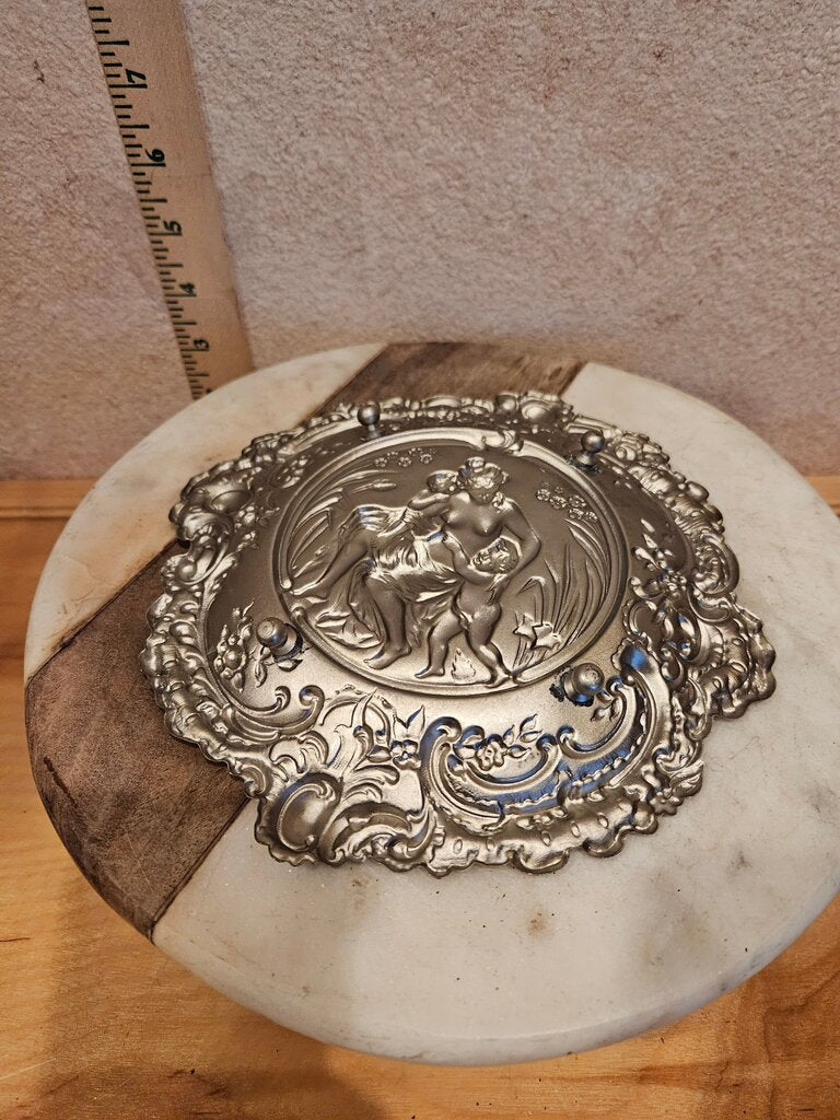 Vintage Racy Bas relief stamped brass tray w silver painted finish