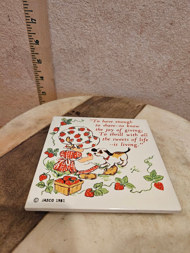 Vintage Jasco 1981 Strawberry Patches Ceramic Tile Trivet Coaster Set Shortcake
