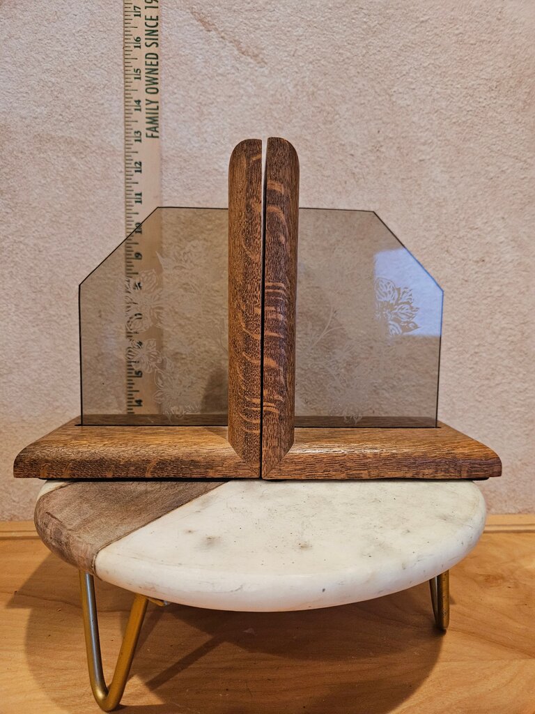 Vintage Wooden & Glass Bookend Set w Frosted floral Glass Panels