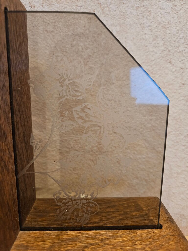 Vintage Wooden & Glass Bookend Set w Frosted floral Glass Panels