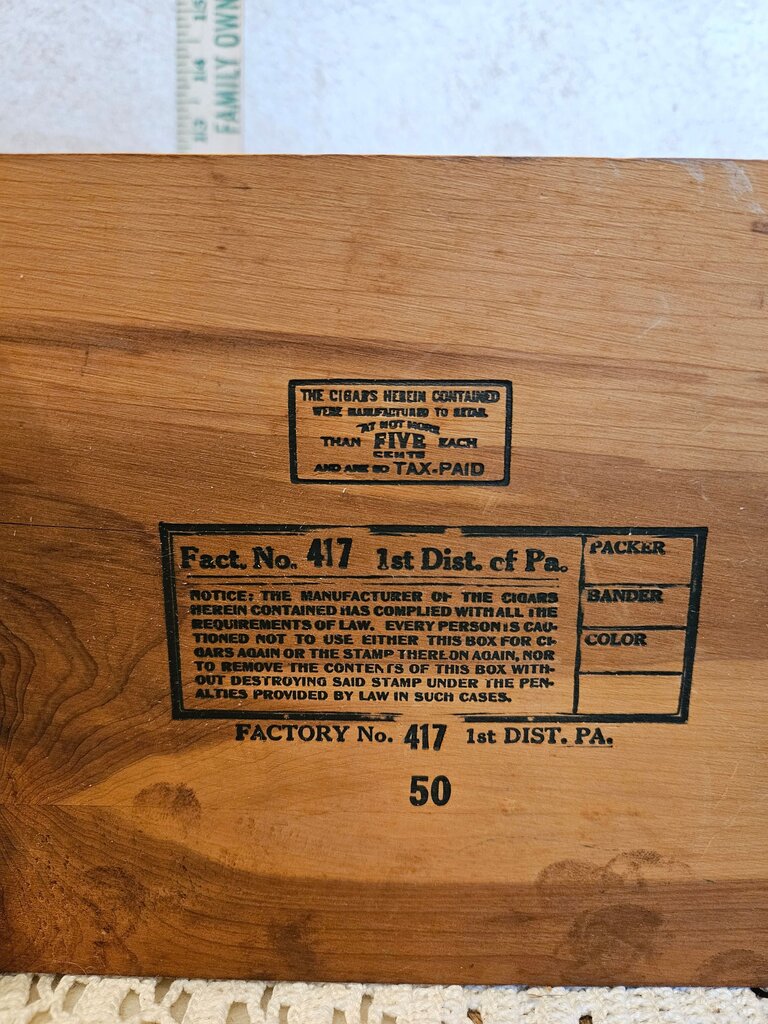 Vintage Wood & Brass Hinged Cigar Box w Key Latch and Handles / Factory No 777 1st District PA / Pennsylvania Wood 5 Cent Cigar Box as is