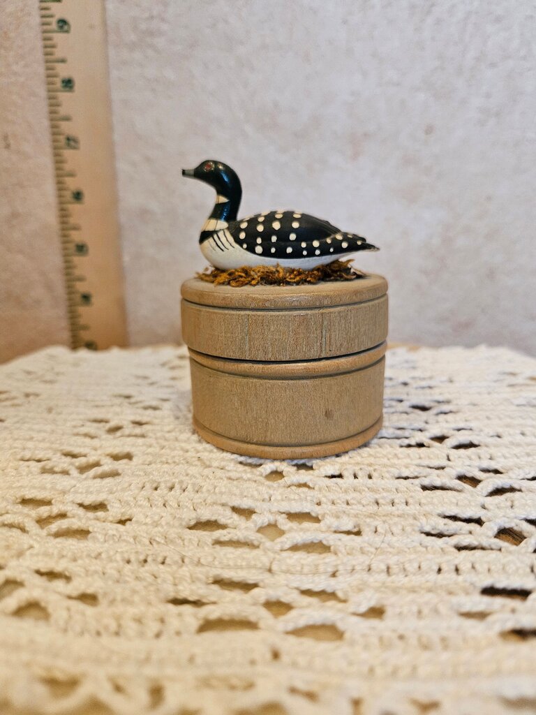 Handcrafted Wooden Common Loon Duck Figurine with Round Base trinket dish